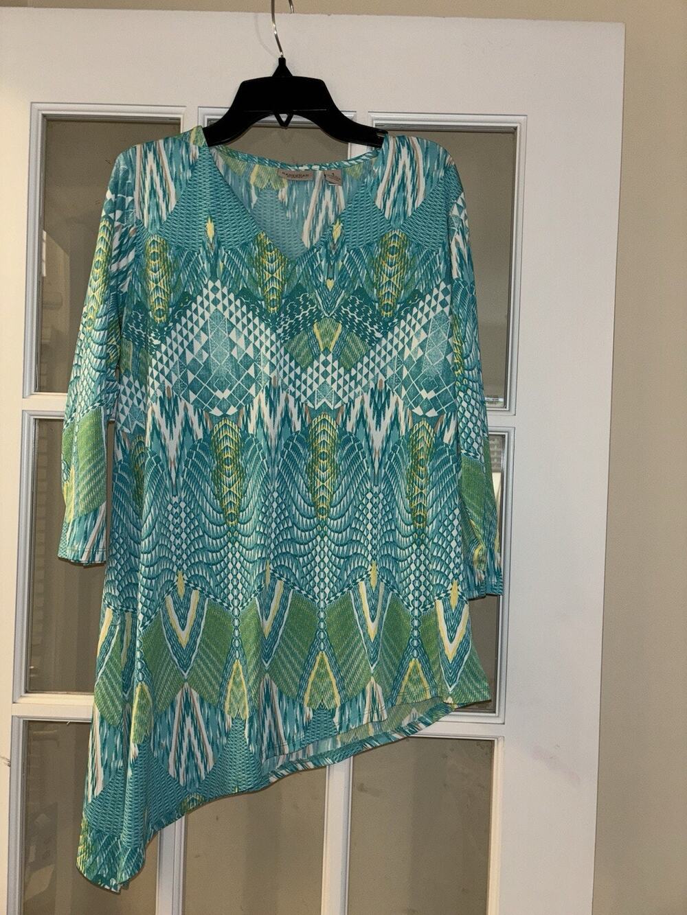 Chico's Easywear Tunic Top 1 Aqua Lime Lemon Travel Blouse 3/4 Slv Summer Beachy